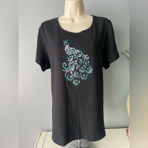 Karen Scott Black Top with Peacock Design